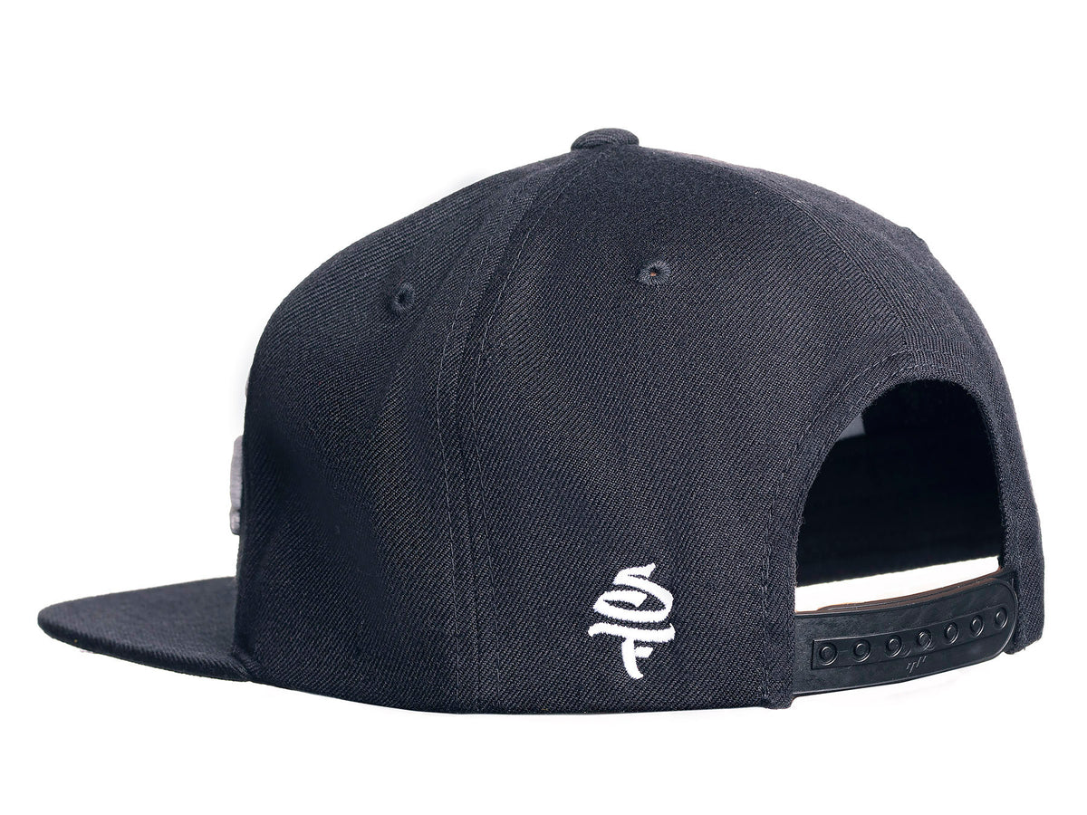 Black‎ and White Snapback Hat with PLAY GROOVE Embroidery Shop | RVMFG 7 Panel Trucker Hat -Black | Revolution Mfg main image 4