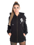 W Black Zipped Hoodie with custom hood fishnet details and satin label branding 