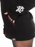 W Black Zipped Hoodie with custom hood fishnet details and satin label branding 