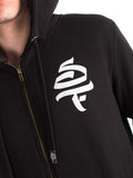 Men black soft cosy zipped hoodie with white logo and custom hood 