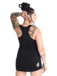 Soft Black premium fitted tank top with busty goddess print design on girl with tattoos