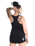 Soft Black premium fitted tank top with busty goddess print design on girl with tattoos